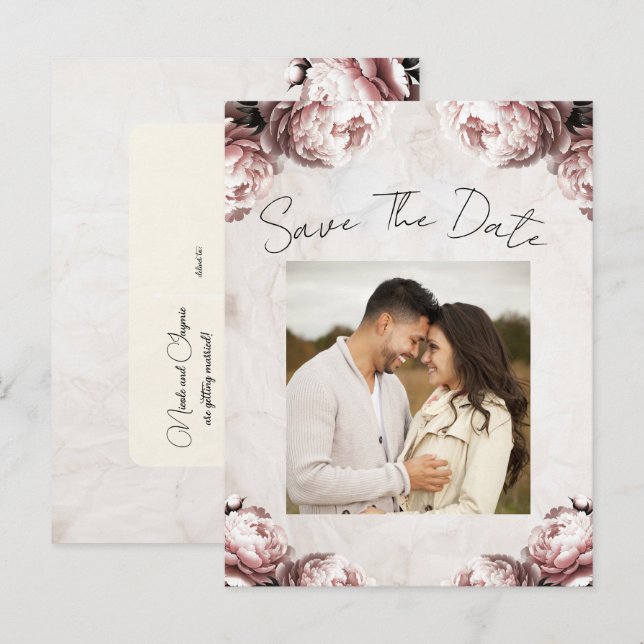 Blassrosa Peony Blume Save the Date Vintag Ankündigungspostkarte (Vorne/Hinten)