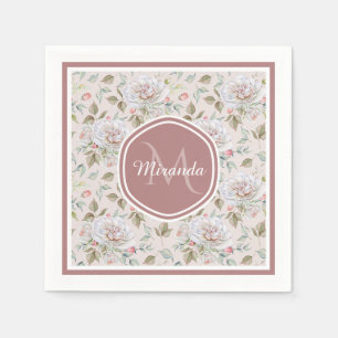 Blassrosa-Rosenmuster mit Monogramm und Namen Serviette