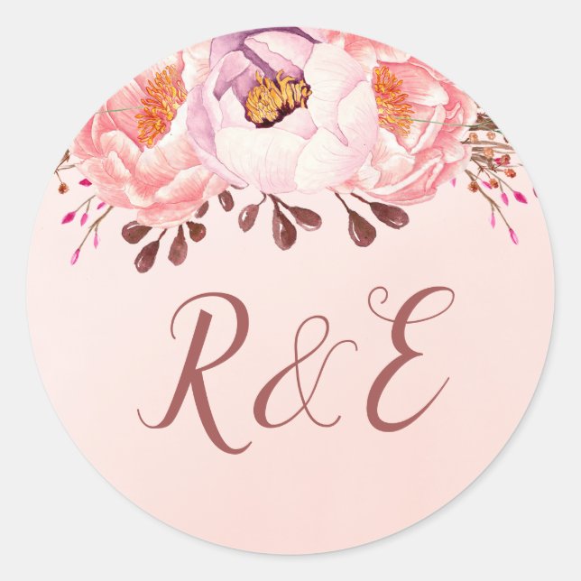 Blassrosa Ruby-Blumen-Hochzeits-Monogramm-Aufklebe Runder Aufkleber (Vorderseite)