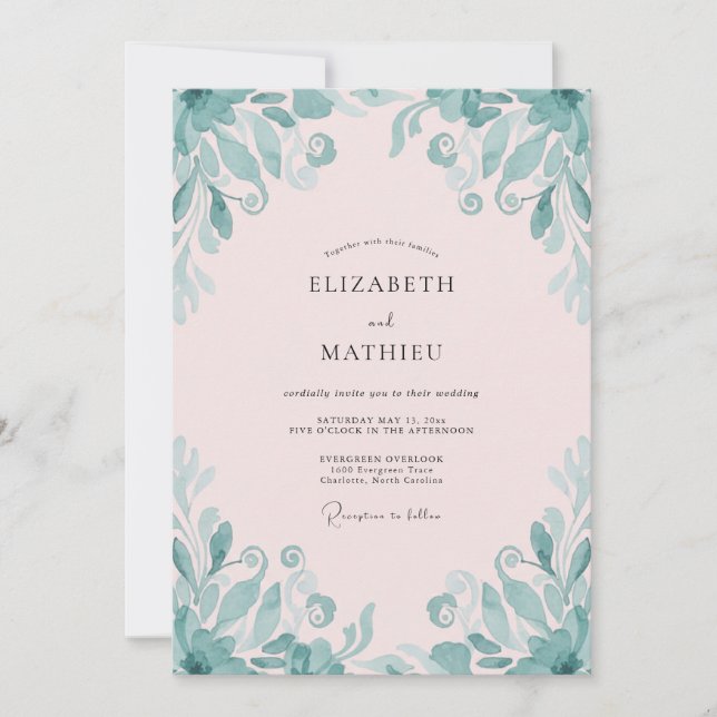 Blassrosa Teal Blatt Hochzeit Einladung (Vorderseite)