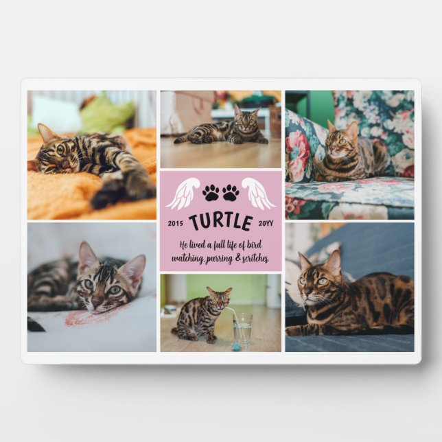 Blassrosa Wings Cat Paws Memorial Foto Collage Fotoplatte (Vorderseite)