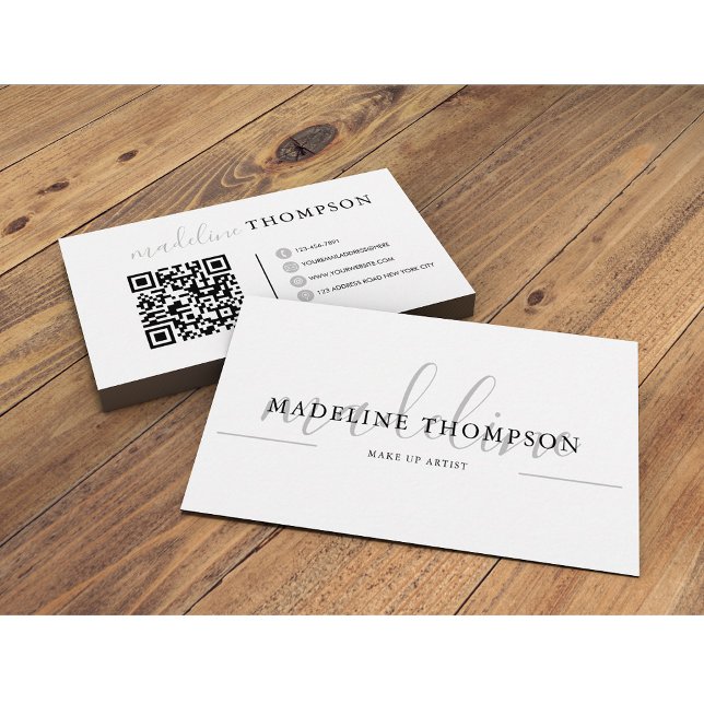 Blasssilber-Graue Kalligraphie-Script QR-Code Visitenkarte (Von Creator hochgeladen)