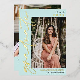 Blasstürkise Goldkalligrafie Foto Abschluss Folieneinladung