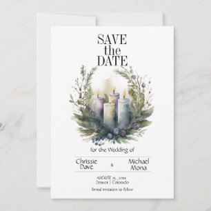 Blassviolette Blumenpastel mit Hochzeitskerzen Save The Date