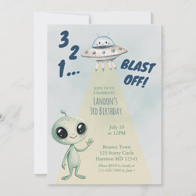Blast Off Alien Boys Third Birthday Einladung (Vorderseite)