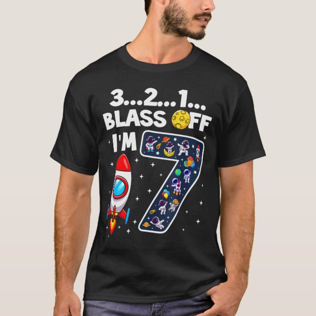 Blast Off I'm 7 Years Old 7th Birthday Spaceship A T-Shirt (Vorderseite)