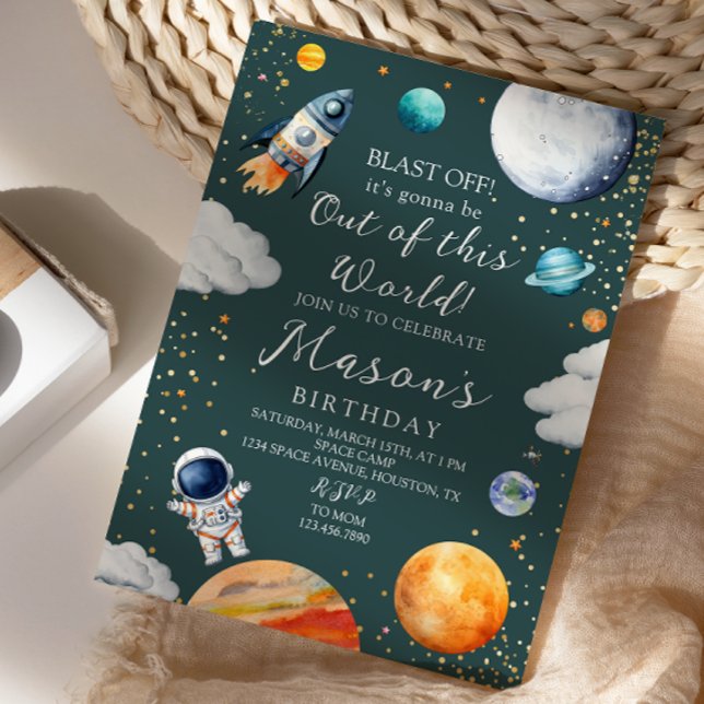 Blast Off Rocket Astronaut Outer Space Birthday Einladung (Von Creator hochgeladen)