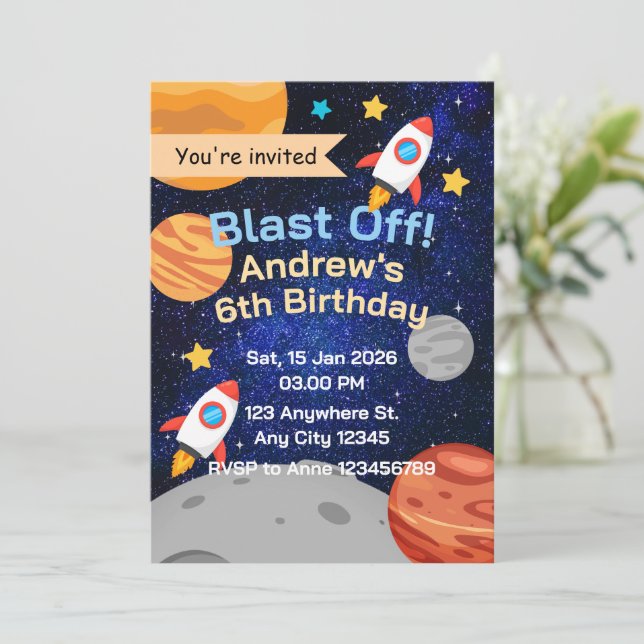 Blast Off Rocket Space Birthday for Boys Einladung (Stehend Vorderseite)