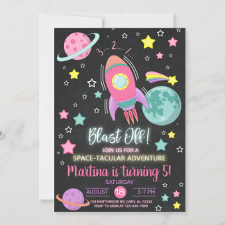 Blast off, space-tacular girl birthday invitation. einladung