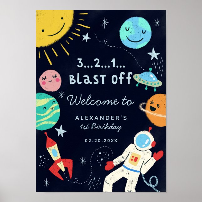 Blast Off Space Thema Geburtstag Begrüßungszeichen Poster (Vorne)