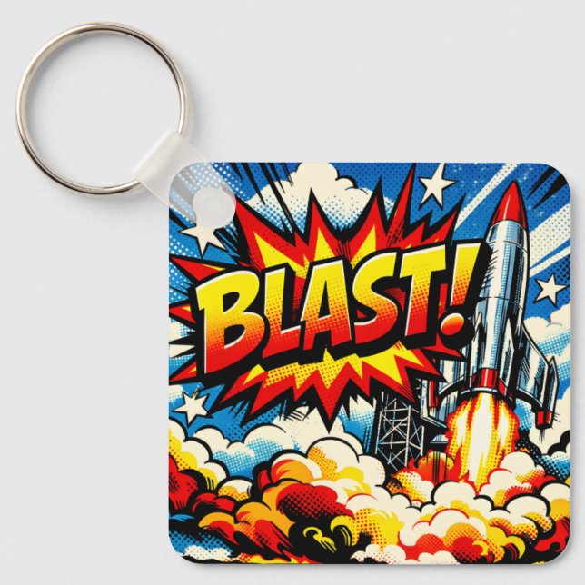 BLAST! Retro-Pop-Art-Raketenexplosion Schlüsselanhänger (Vorderseite)