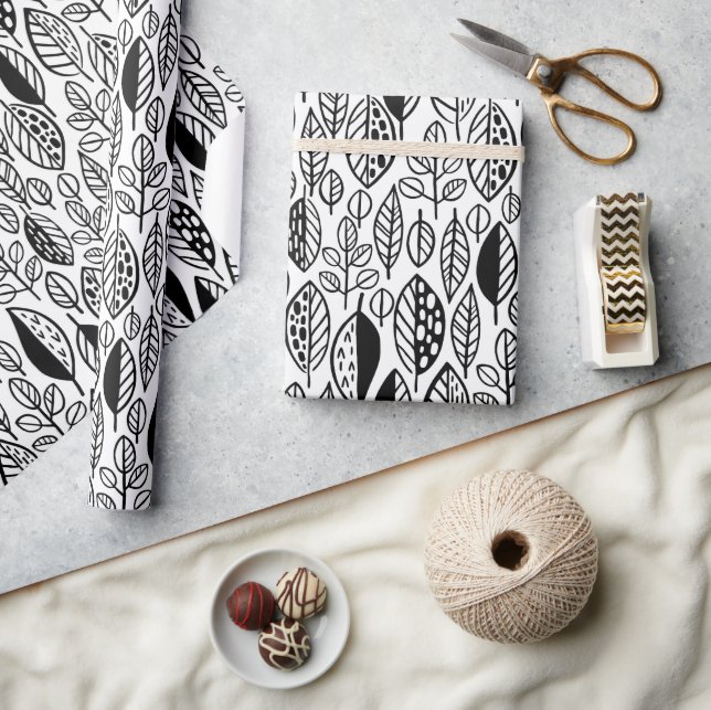 Blatt-Blatt-Muster Schwarz-ID495 Geschenkpapier (Kunsthandwerk)