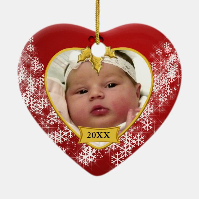 Blatt-Foto-Andenken des Babys 1. Weihnachtsgold Keramikornament (Hinten)