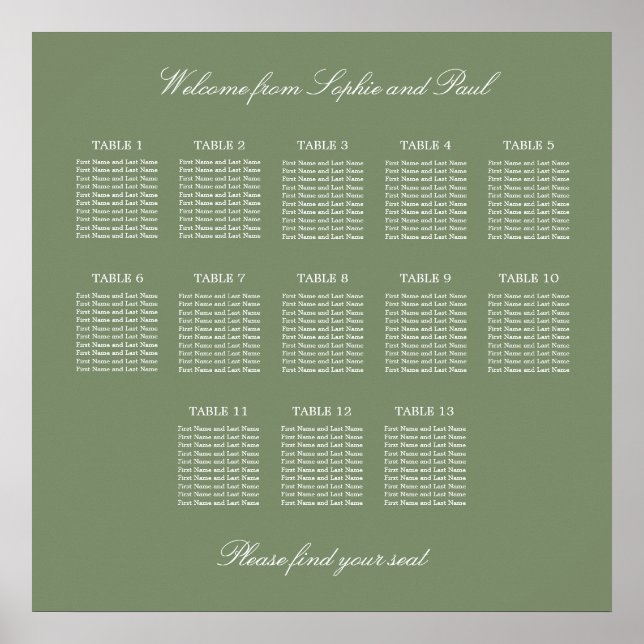 Blatt Green 13 Table Wedding Seating Chart Poster (Vorne)