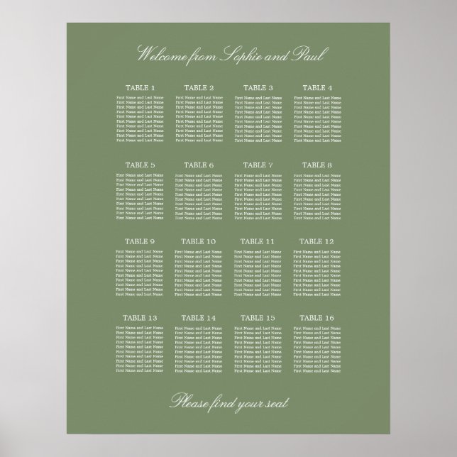 Blatt Green 16 Table Wedding Seating Chart Poster (Vorne)
