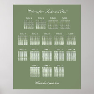 Blatt Green 17 Table Wedding Seating Chart Poster
