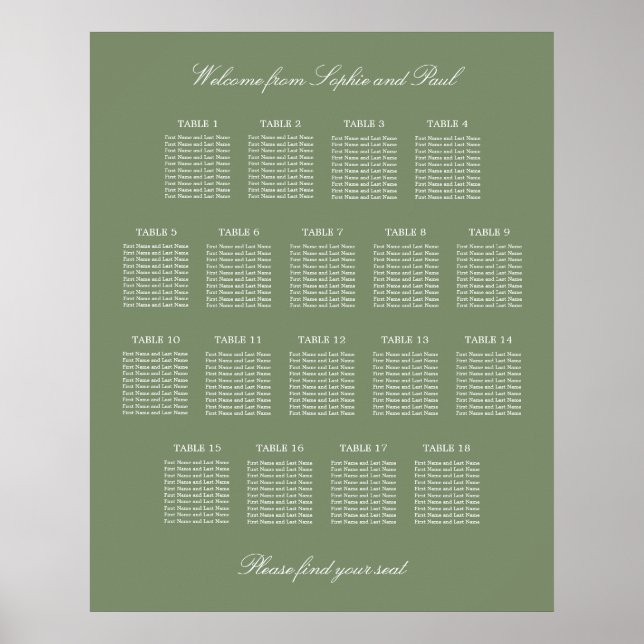 Blatt Green 18 Table Wedding Seating Chart Poster (Vorne)