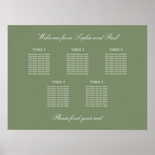 Blatt Green 5 Table Wedding Chart Poster (Vorne)