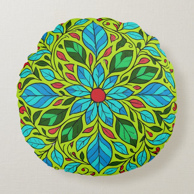Blatt-Mandala-Design Rundes Kissen (Vorderseite)