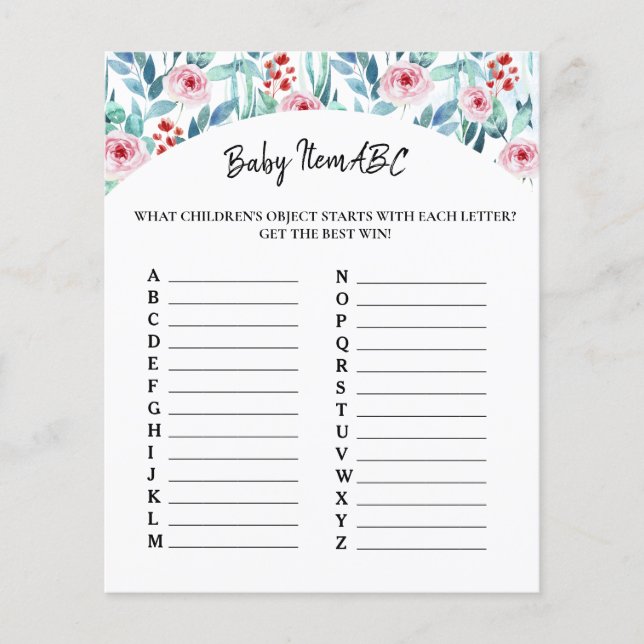 Blatt Papier Spiel "Baby Item ABC" für Babydusche. (Vorderseite)