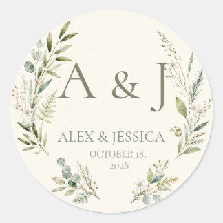 Blatt: Personalisiertes Botanisches Hochzeitssiege Runder Aufkleber