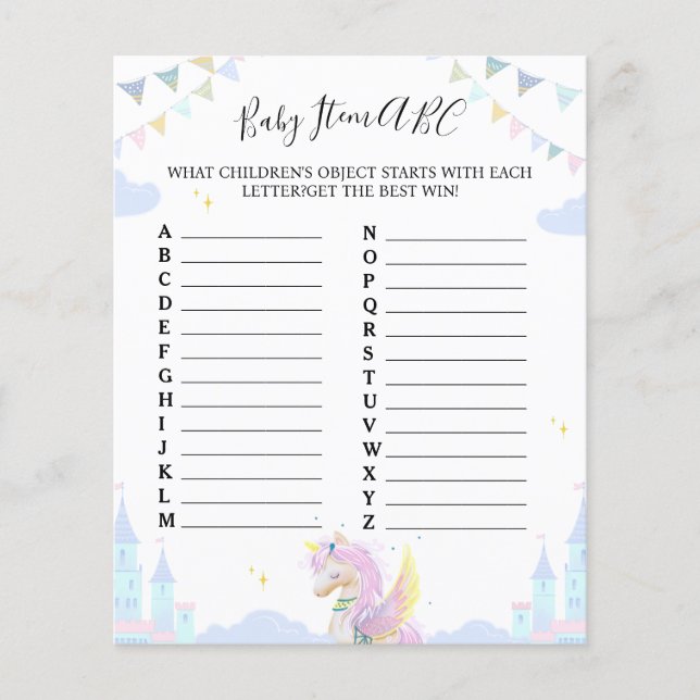 Blatt Spiel "Baby Item ABC" für Babydusche. (Vorderseite)