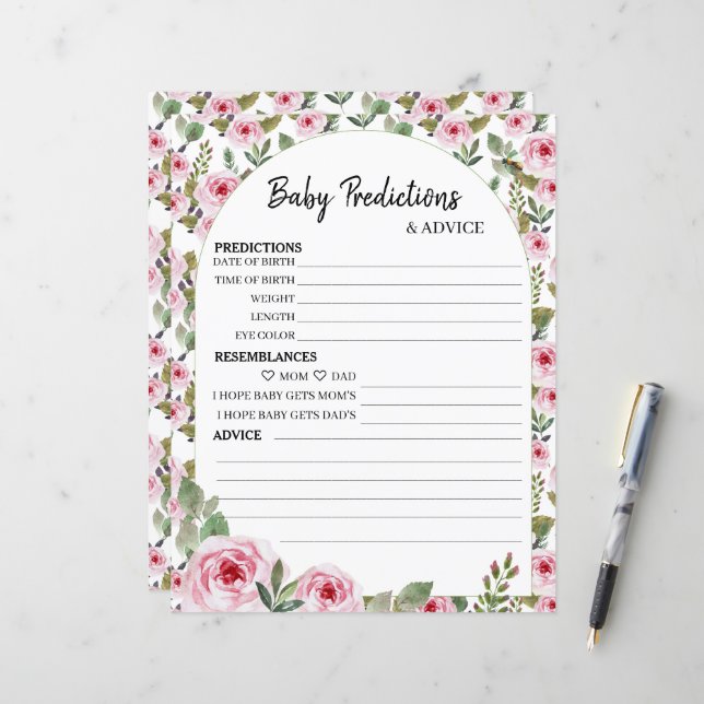 Blatt-Spiel "Baby Predictions & ADVICE" (Vorderseite/Rückseite Beispiel)