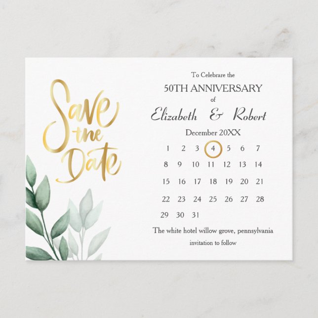 Blätter 50 Jahre Jubiläum Stilvolle Terminkalender Ankündigungspostkarte (Vorderseite)