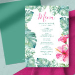 Blätter Aquarellpalme Rosa tropisches Hibiskus-Men Einladung<br><div class="desc">Dieser pinkfarbene Hibiskus und die Monstera-Palme verlasse am Abend eine Menükarte, die sich perfekt für einen tropischen Geburtstag und Abschlussfeiern eignet. Das Design zeigt meine originalen botanischen Aquarellbilder und Blumenbilder. Die Typografie ist Set in einem handgeschriebenen Skript und sans Serif-Schriftart in Rosa und Grün. Dieses luauer Party Dekor kann für...</div>