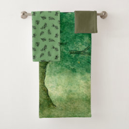 Blätter aus Eichenholz und Kornmuster Grün Badhandtuch Set