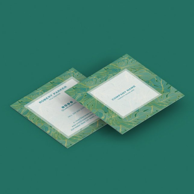 Blätter aus goldfarbenen und grünen Palmen Quadratische Visitenkarte (Von Creator hochgeladen)
