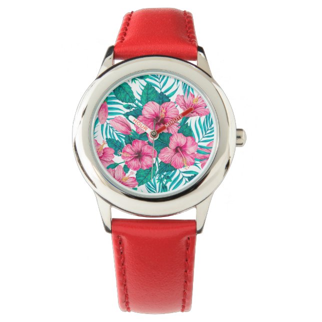 Blätter aus Hibiskus und Palme Armbanduhr (Vorderseite)