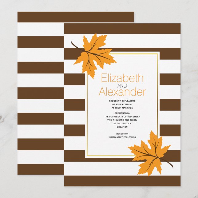 Blätter aus orangefarbenem Ahorn und braune Streif Einladung (Vorne/Hinten)