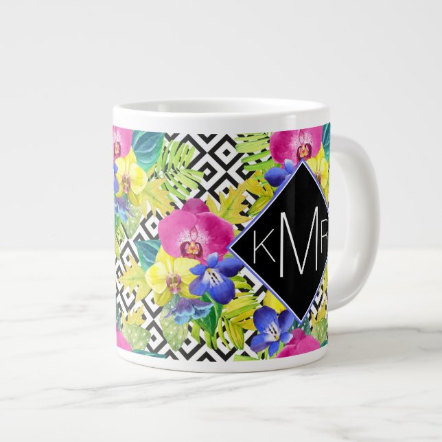 Blätter aus Orchideen und Palmen| Monogramm Jumbo-Tasse (Vorderseite Rechts)