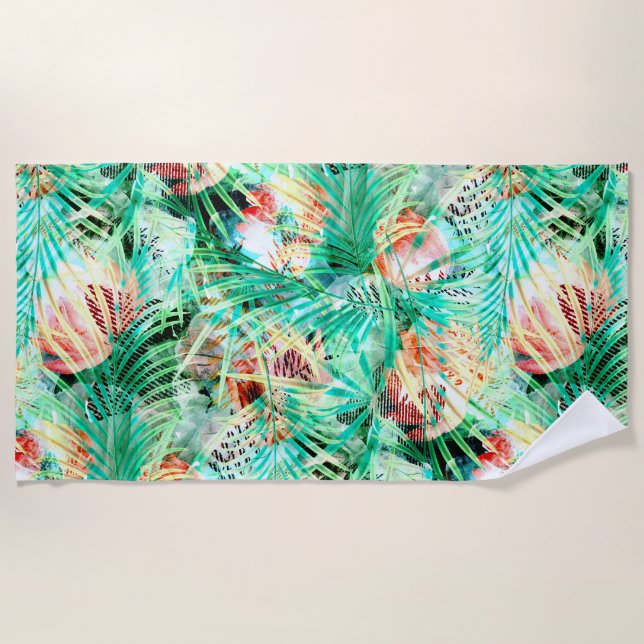 Blätter aus Palmen, tropisch, botanisch, bunt Strandtuch (Vorderseite)