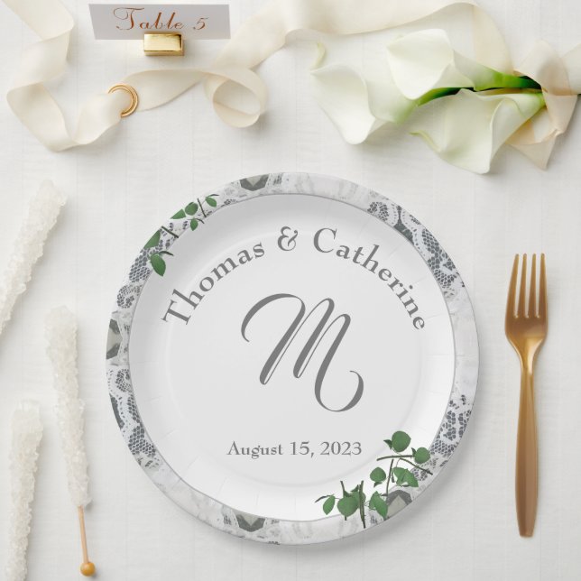 Blätter aus weißer Spitze und Rose Papierplatte Pappteller (Hochzeit)