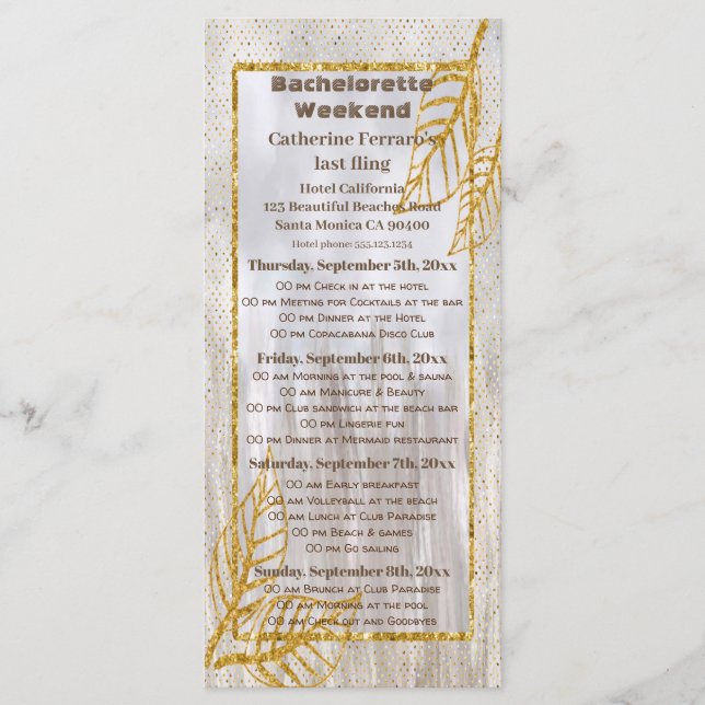 Blätter Bachelorette Wochenende in Bachelorette Menükarte (Vorderseite)