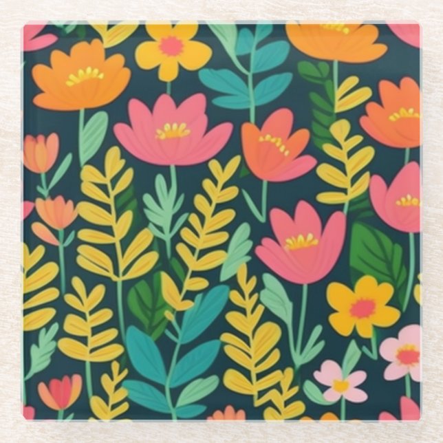 Blätter Blume farbenfrohe Gestaltung Glasuntersetzer (Vorderseite)