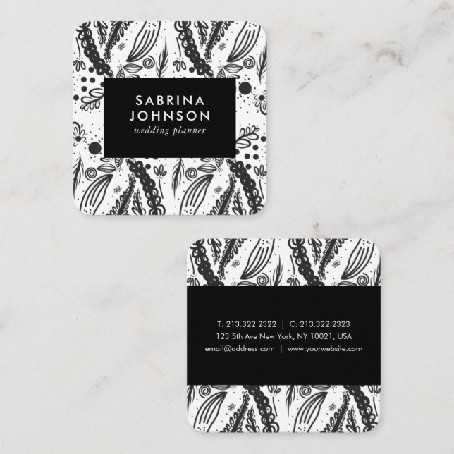 Blätter Blume Polka Punkte Muster Schwarz-weiß Quadratische Visitenkarte (Vorne/Hinten)