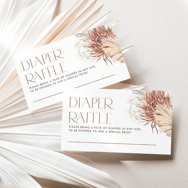 Blätter Boho Diaper Raffle Begleitkarte (This boho diaper raffle card featuring watercolor white orchids, dried palm leaves, and pampas.)