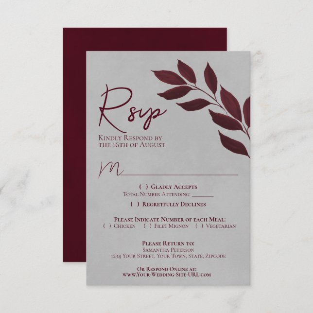 Blätter Burgund & Gray Wasserfarbenhochzeit RSVP Karte (Vorne/Hinten)