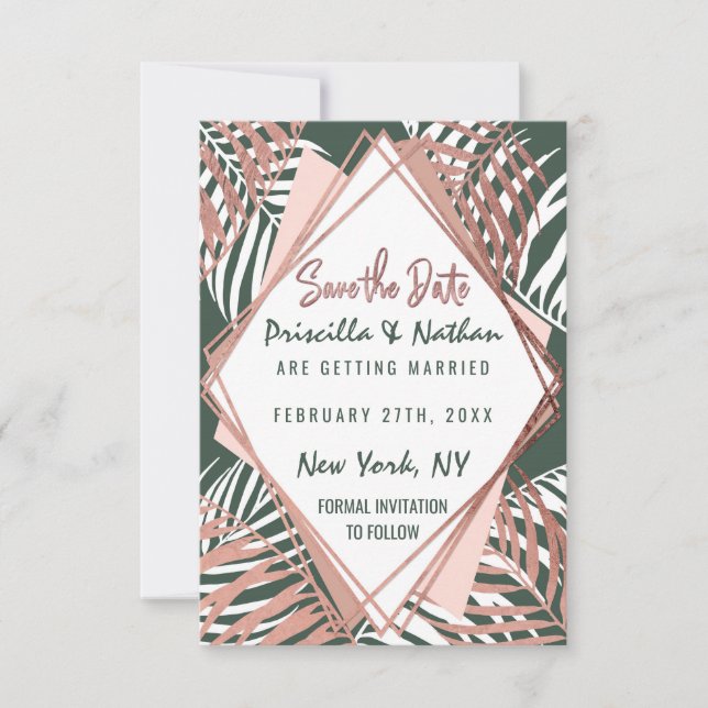 Blätter der grünen Rose Gold Tropical Palm Tree Save The Date (Vorderseite)