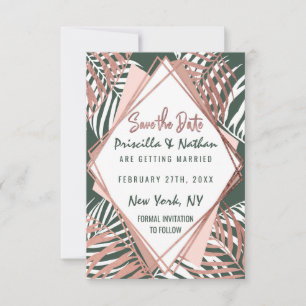 Blätter der grünen Rose Gold Tropical Palm Tree Save The Date