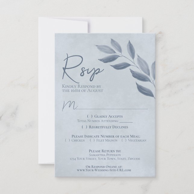Blätter Dusty Blue Watercolor Wedding RSVP Karte (Vorderseite)