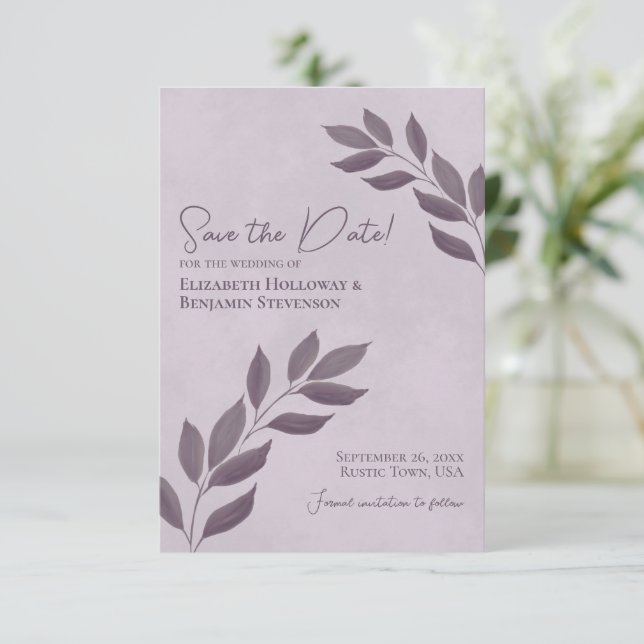 Blätter Elegant Dusty Lila Wedding Save The Date (Stehend Vorderseite)