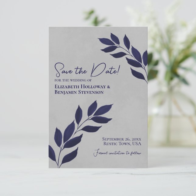 Blätter Elegant Navy Blue on Gray Wedding Save The Date (Stehend Vorderseite)
