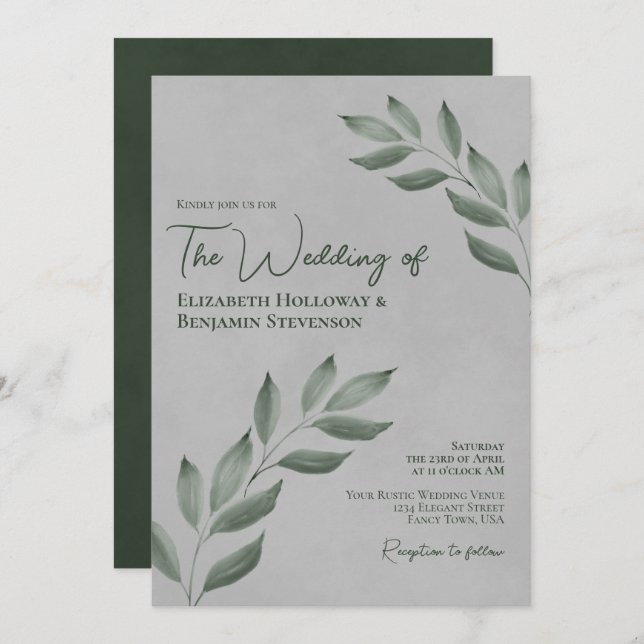 Blätter Elegante Forest Green & Gray Wedding Einladung (Vorne/Hinten)