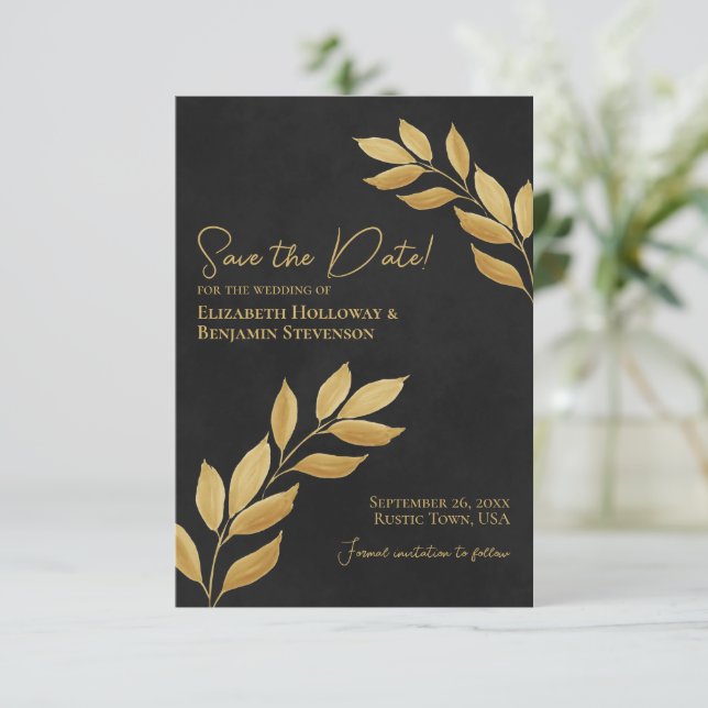 Blätter Elegante Schwarze und Goldene Hochzeit Save The Date (Stehend Vorderseite)