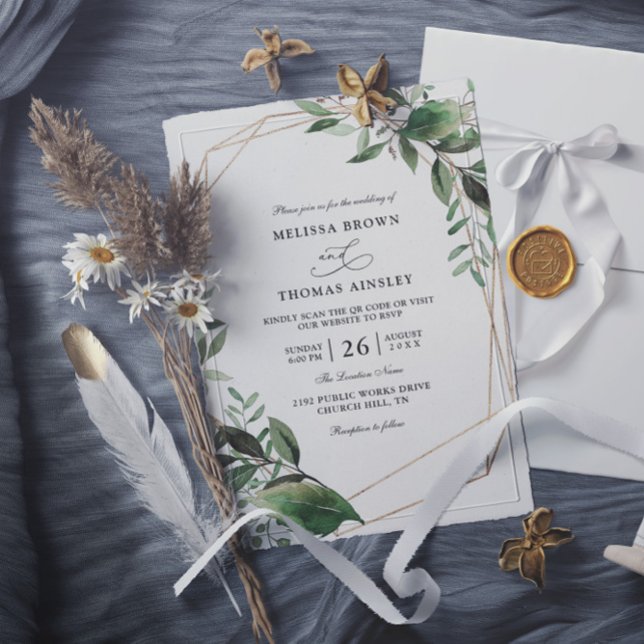 Blätter Eukalyptus Gold Budget QR-Code Hochzeit Einladung (Von Creator hochgeladen)