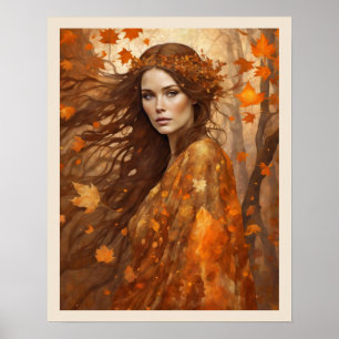 Blätter fallen Frauen im Herbst Orange Gown Woman Poster